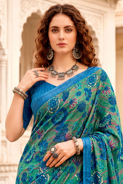Sangam Prints Peacock Green Cotton Blend Woven Work Traditional Saree