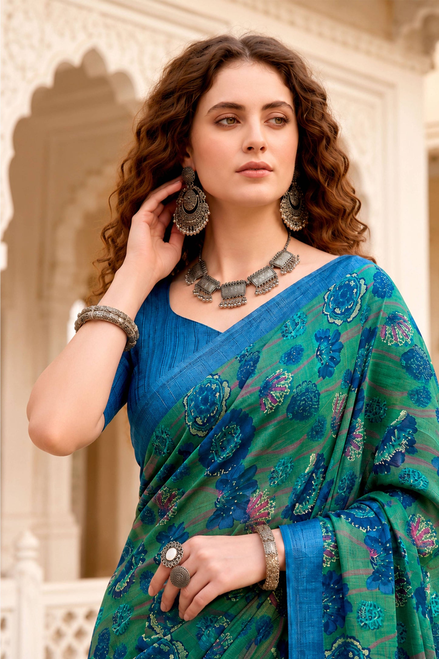 Sangam Prints Peacock Green Cotton Blend Woven Work Traditional Saree