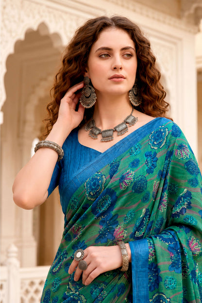 Sangam Prints Peacock Green Cotton Blend Woven Work Traditional Saree