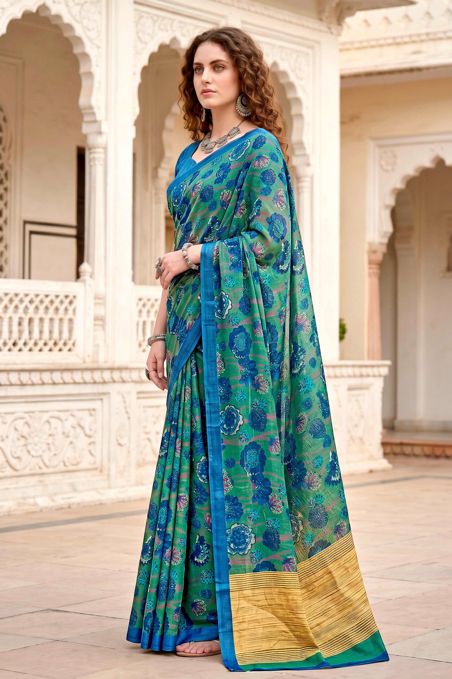 Sangam Prints Peacock Green Cotton Blend Woven Work Traditional Saree