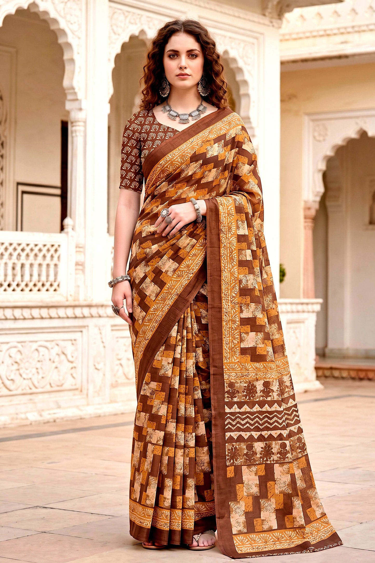 Sangam Prints Coffee Brown Cotton Blend Woven Work Traditional Saree