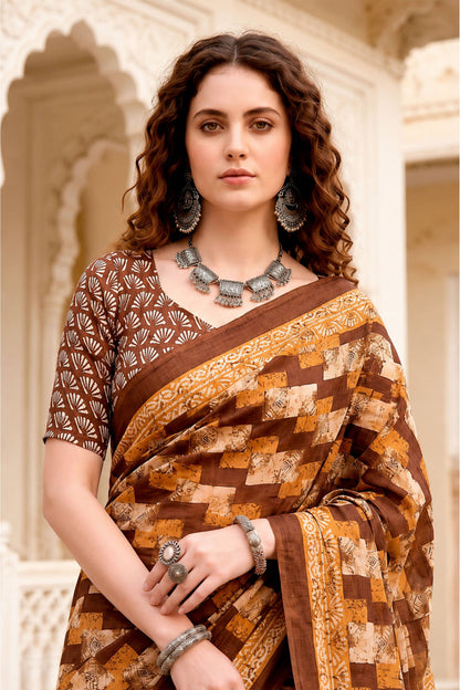 Sangam Prints Coffee Brown Cotton Blend Woven Work Traditional Saree