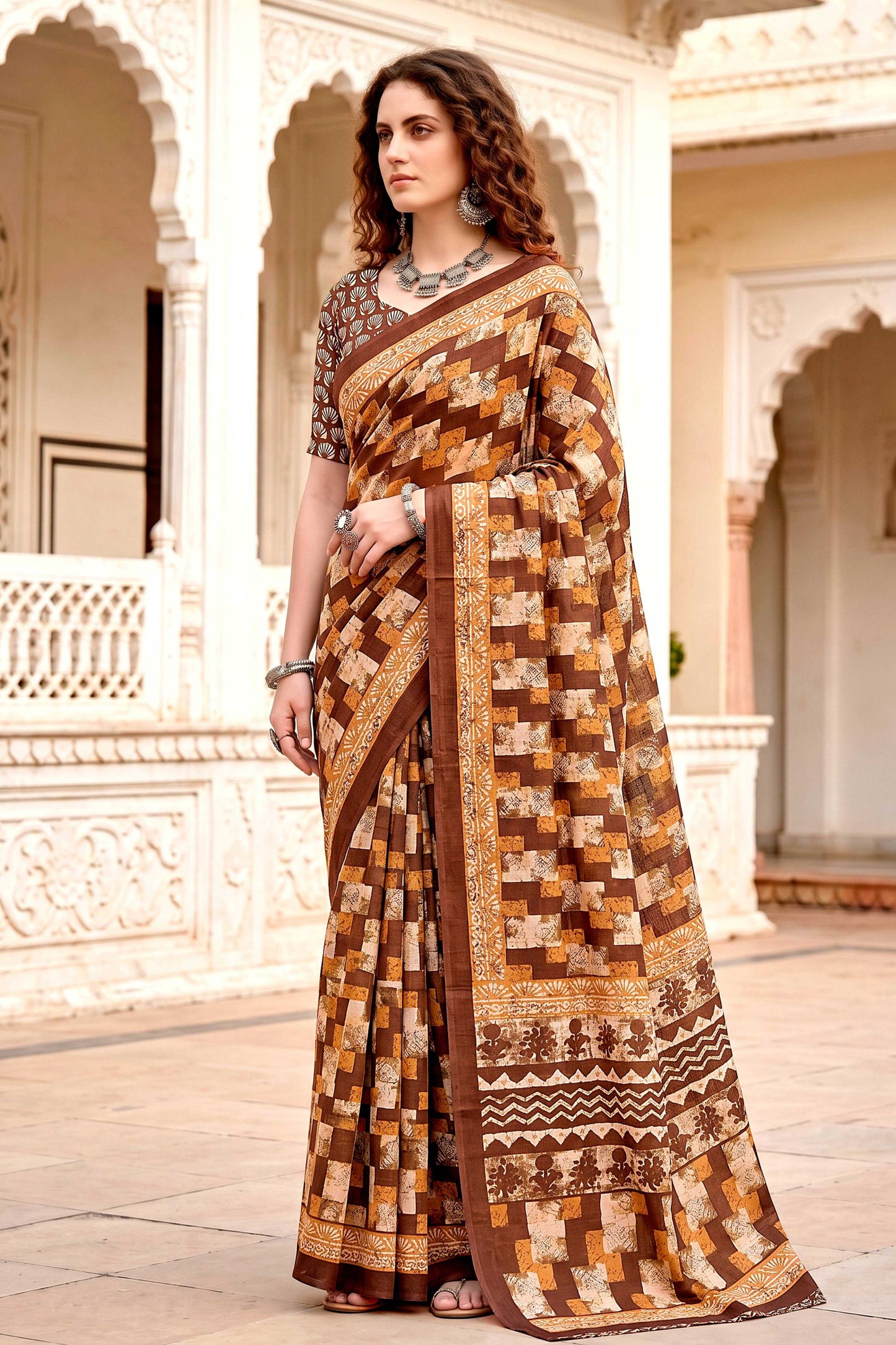 Sangam Prints Coffee Brown Cotton Blend Woven Work Traditional Saree