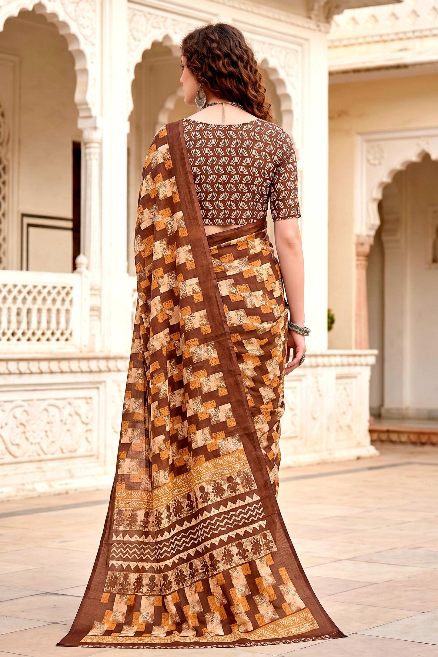 Sangam Prints Coffee Brown Cotton Blend Woven Work Traditional Saree