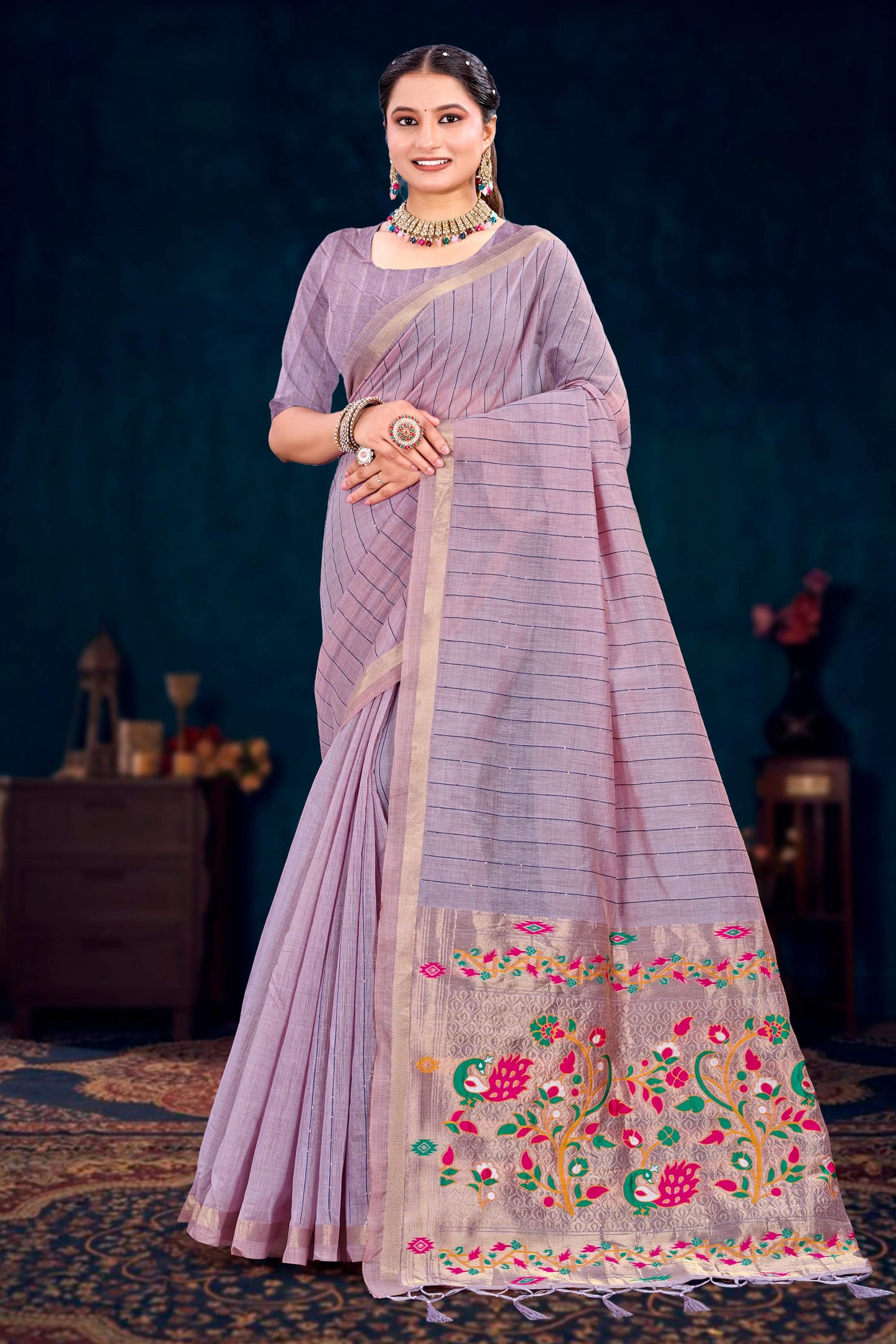 Sangam Prints Dusty Lavender Cotton Blend Woven Work Traditional Saree