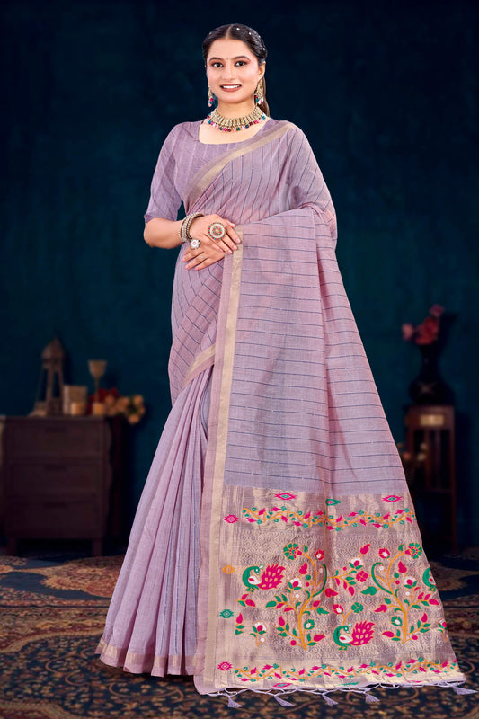 Sangam Prints Dusty Lavender Cotton Blend Woven Work Traditional Saree