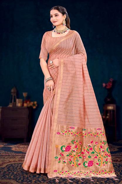 Sangam Prints Rose Peach Cotton Blend Woven Work Traditional Saree