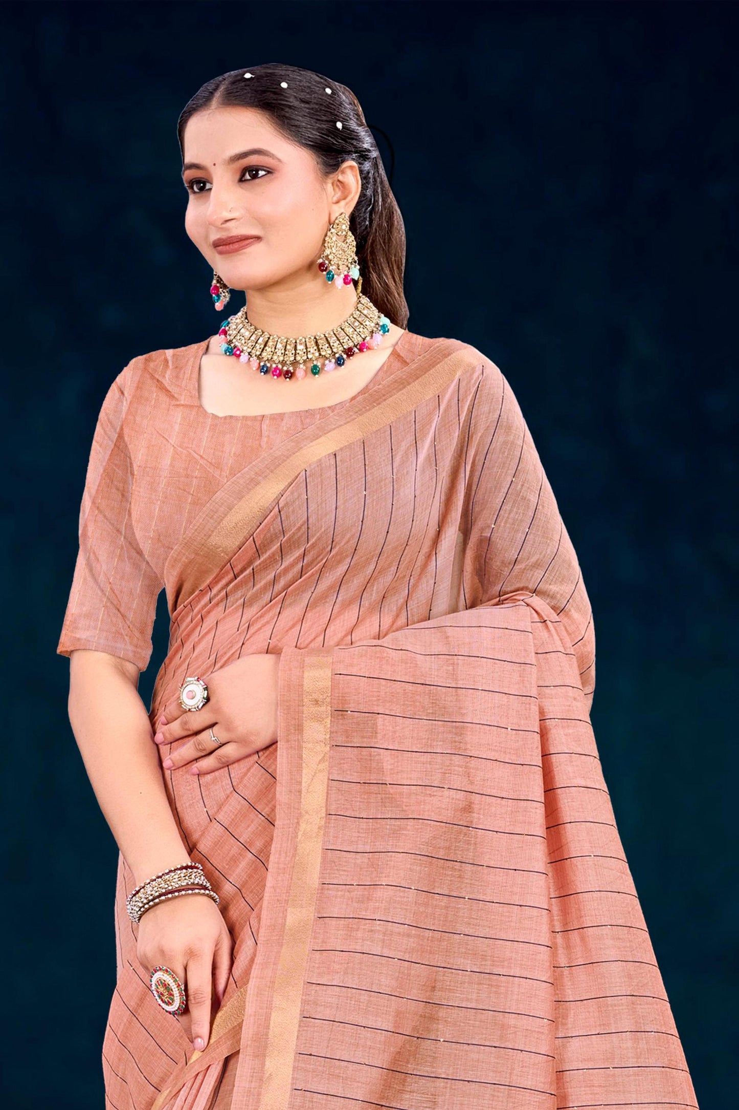 Sangam Prints Rose Peach Cotton Blend Woven Work Traditional Saree