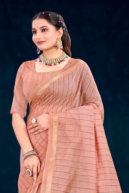 Sangam Prints Rose Peach Cotton Blend Woven Work Traditional Saree