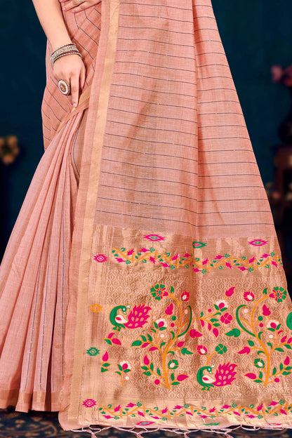 Sangam Prints Rose Peach Cotton Blend Woven Work Traditional Saree