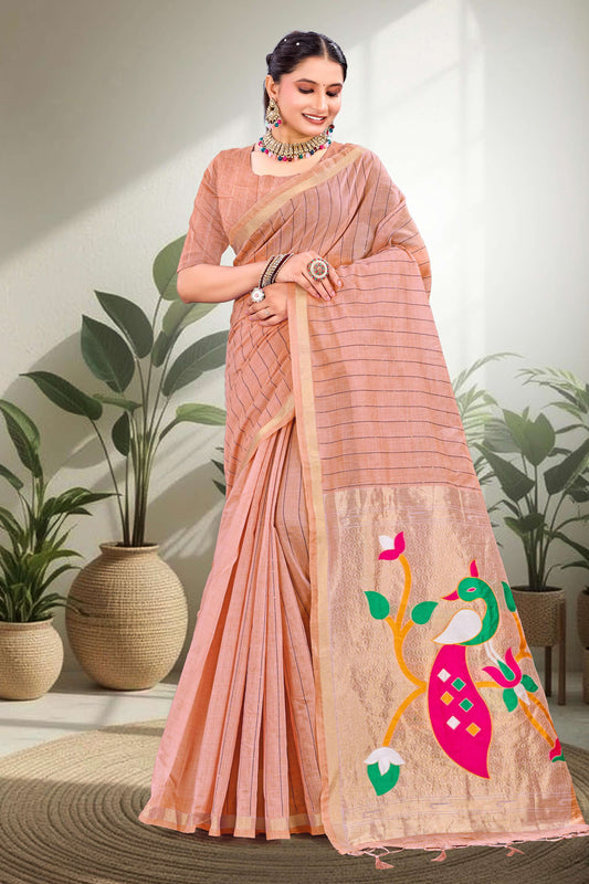 Sangam Prints Coral Peach Cotton Blend Woven Work Traditional Saree