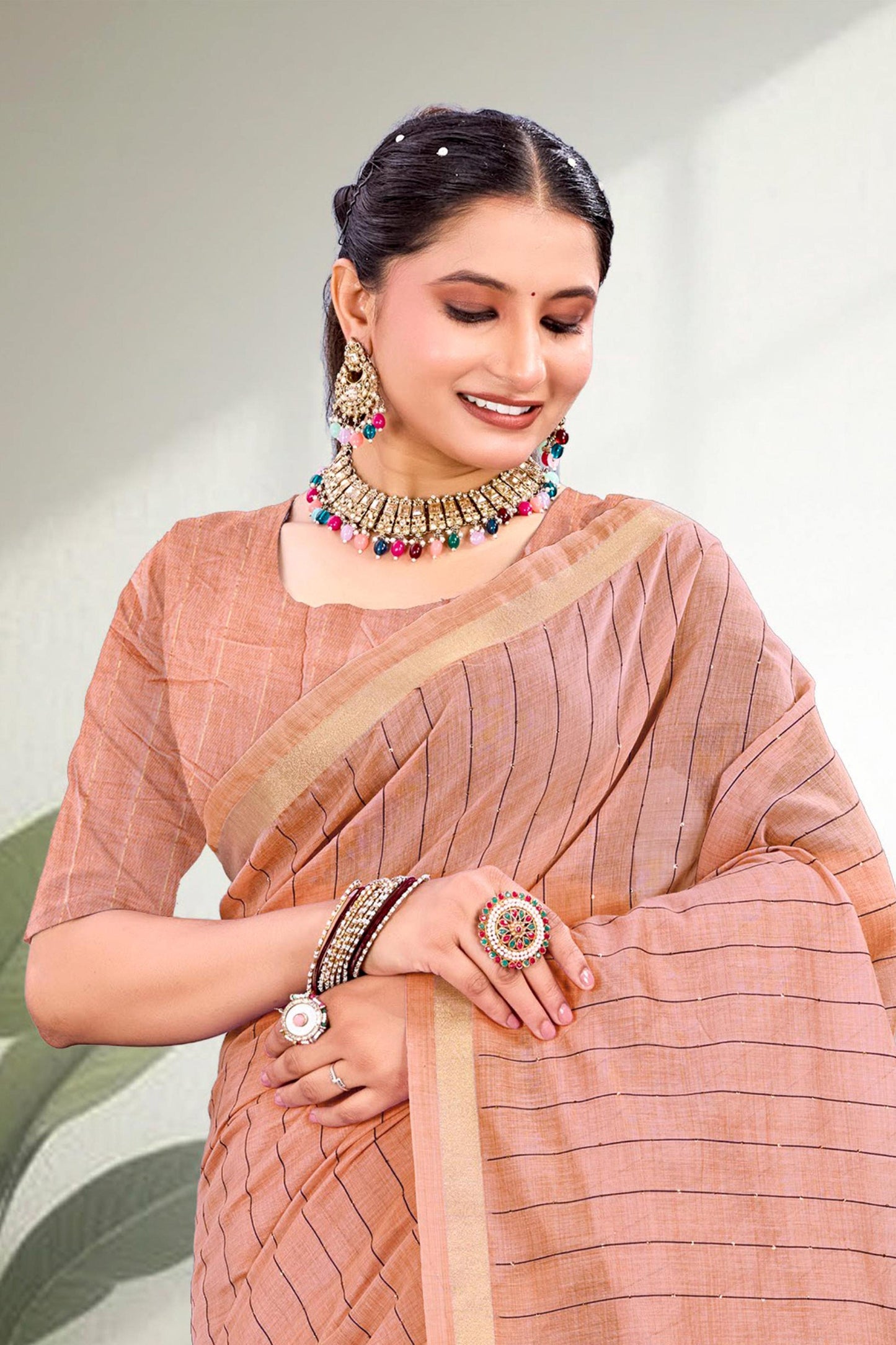 Sangam Prints Coral Peach Cotton Blend Woven Work Traditional Saree