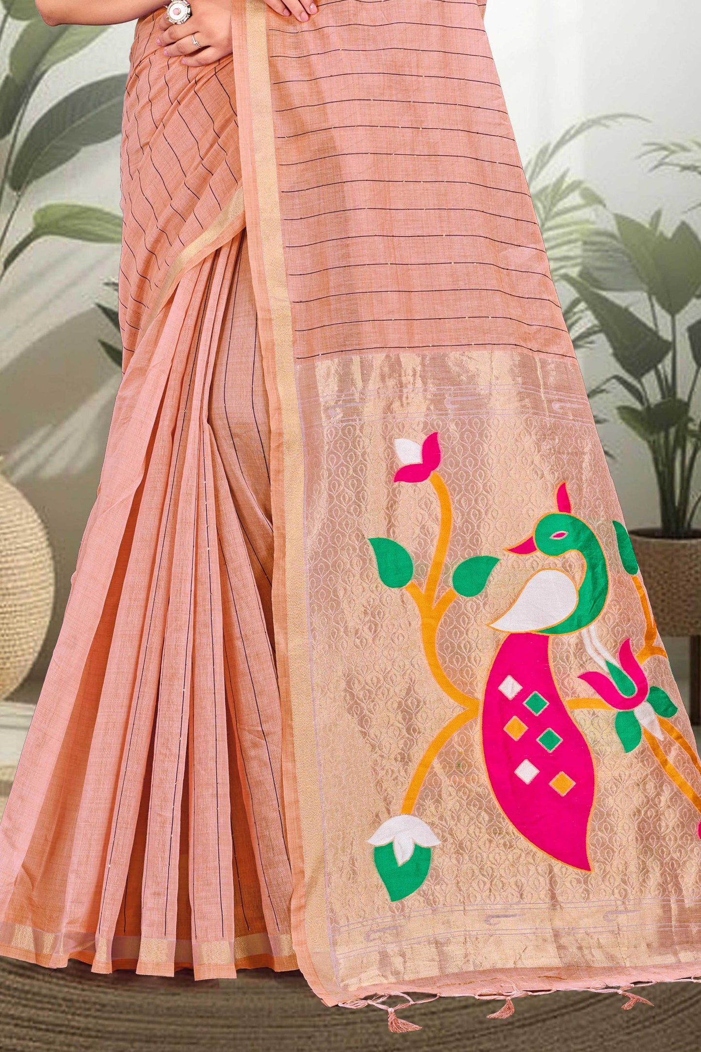 Sangam Prints Coral Peach Cotton Blend Woven Work Traditional Saree