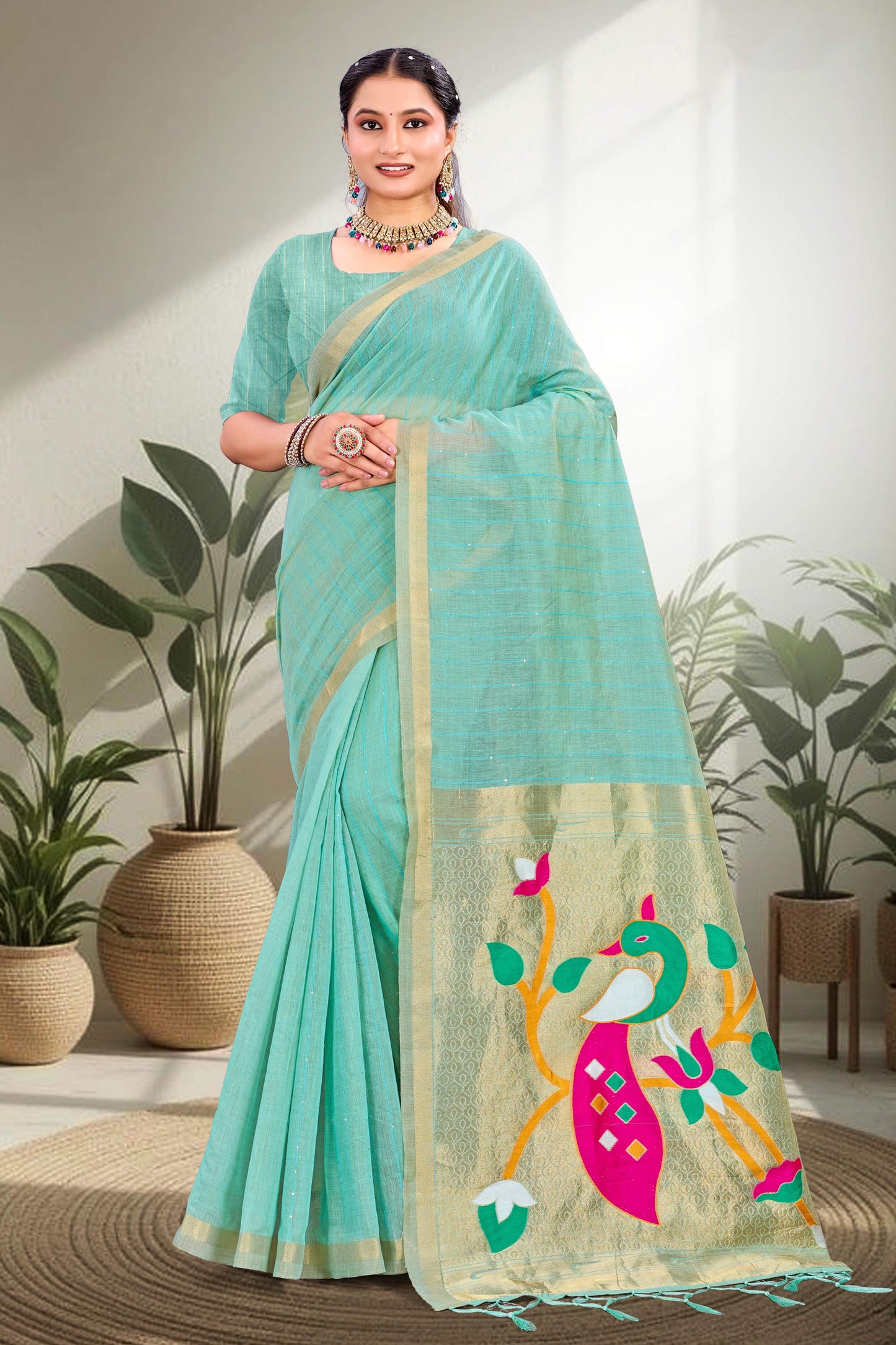 Sangam Prints Aqua Blue Cotton Blend Woven Work Traditional Saree