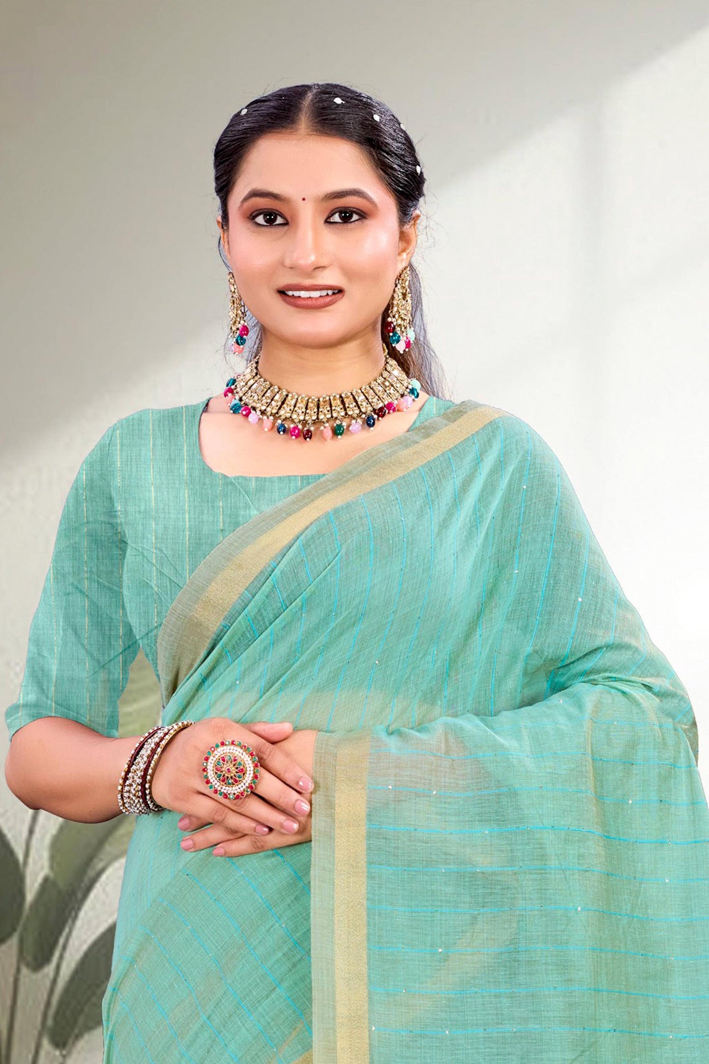 Sangam Prints Aqua Blue Cotton Blend Woven Work Traditional Saree