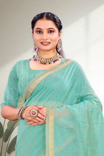 Sangam Prints Aqua Blue Cotton Blend Woven Work Traditional Saree