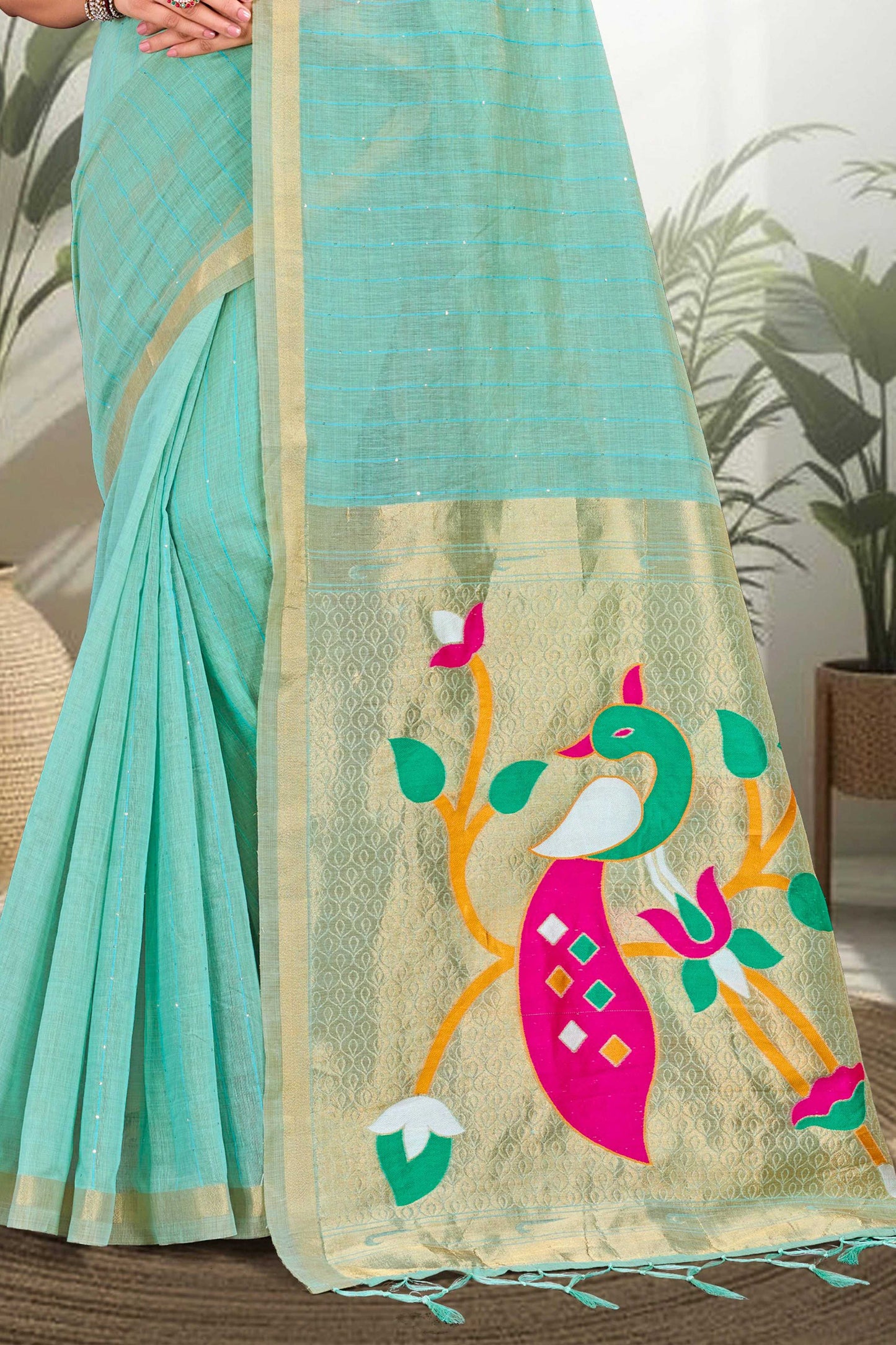 Sangam Prints Aqua Blue Cotton Blend Woven Work Traditional Saree