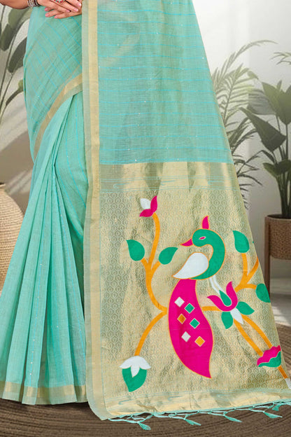Sangam Prints Aqua Blue Cotton Blend Woven Work Traditional Saree