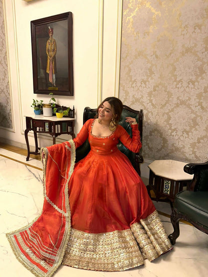 Teeya Creation Womens New Fancy Silk Heavy Quality Fabric With Handwork Orange Gown Set