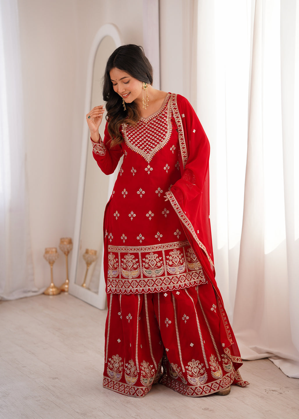 Evanik Red Faux Georgette Embroidery Dori, Sequence And Thread Work Kurta Palazzo With Dupatta