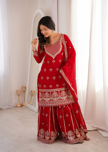 Evanik Red Faux Georgette Embroidery Dori, Sequence And Thread Work Kurta Palazzo With Dupatta