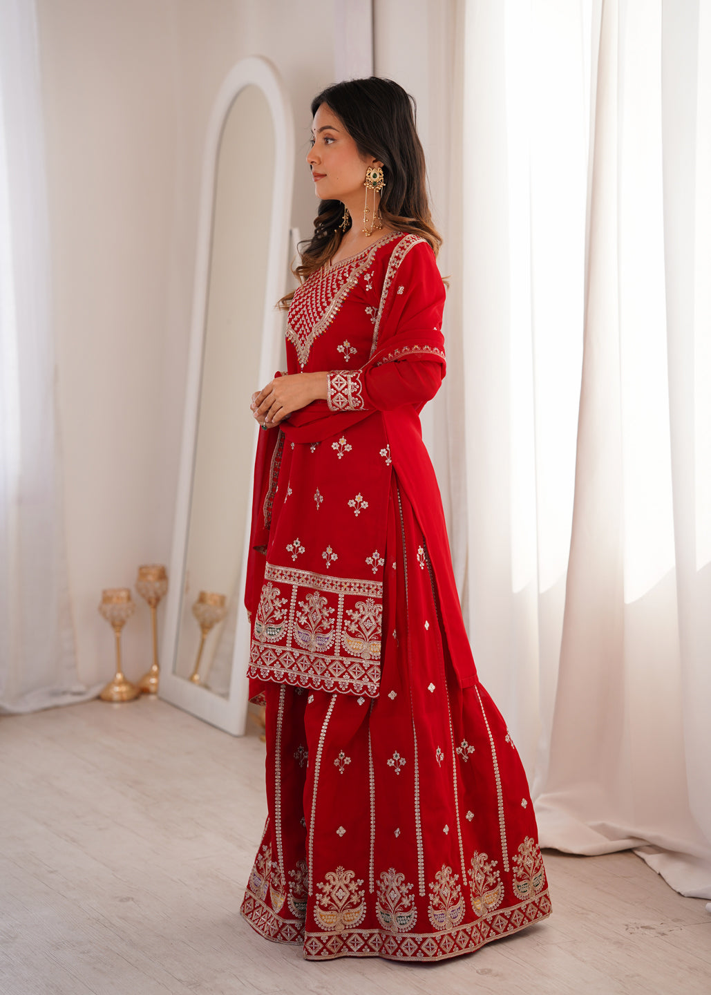 Evanik Red Faux Georgette Embroidery Dori, Sequence And Thread Work Kurta Palazzo With Dupatta