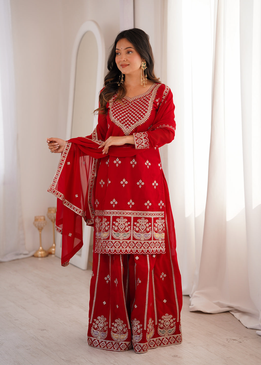 Evanik Red Faux Georgette Embroidery Dori, Sequence And Thread Work Kurta Palazzo With Dupatta