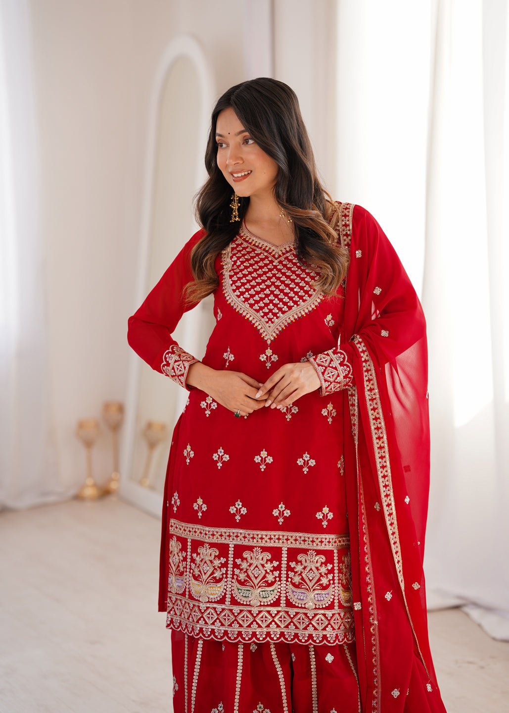 Evanik Red Faux Georgette Embroidery Dori, Sequence And Thread Work Kurta Palazzo With Dupatta