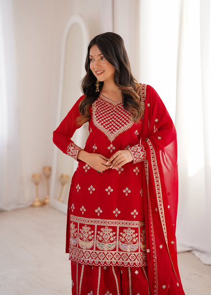 Evanik Red Faux Georgette Embroidery Dori, Sequence And Thread Work Kurta Palazzo With Dupatta