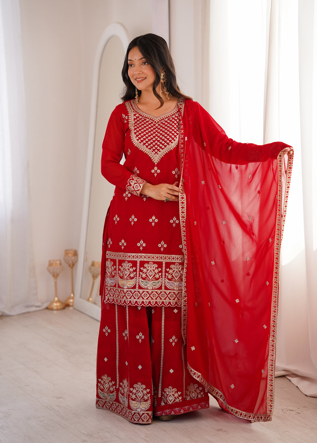 Evanik Red Faux Georgette Embroidery Dori, Sequence And Thread Work Kurta Palazzo With Dupatta