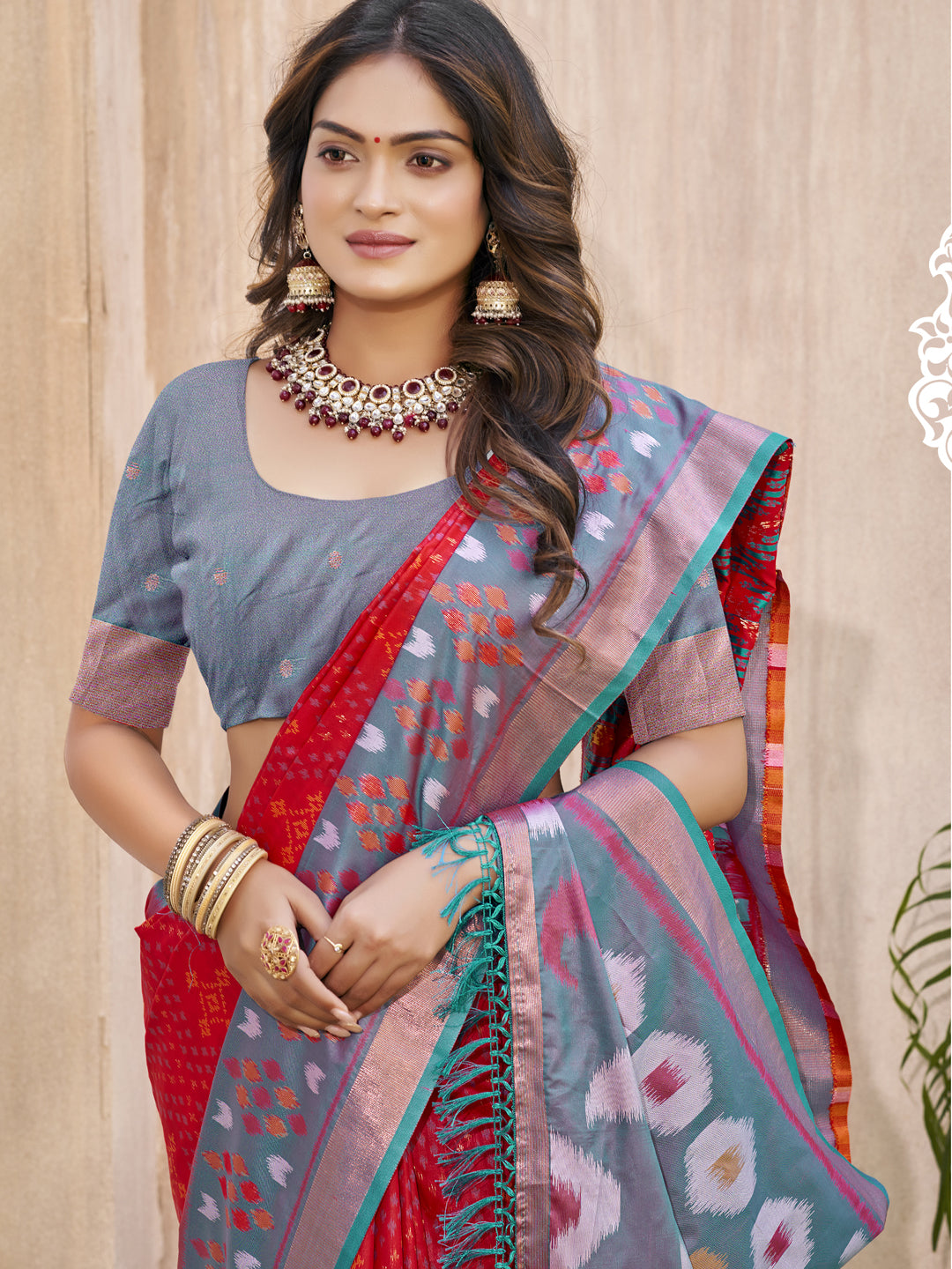 Anaita Red Pochampally Silk Saree With Floral Printed Work With Blouse