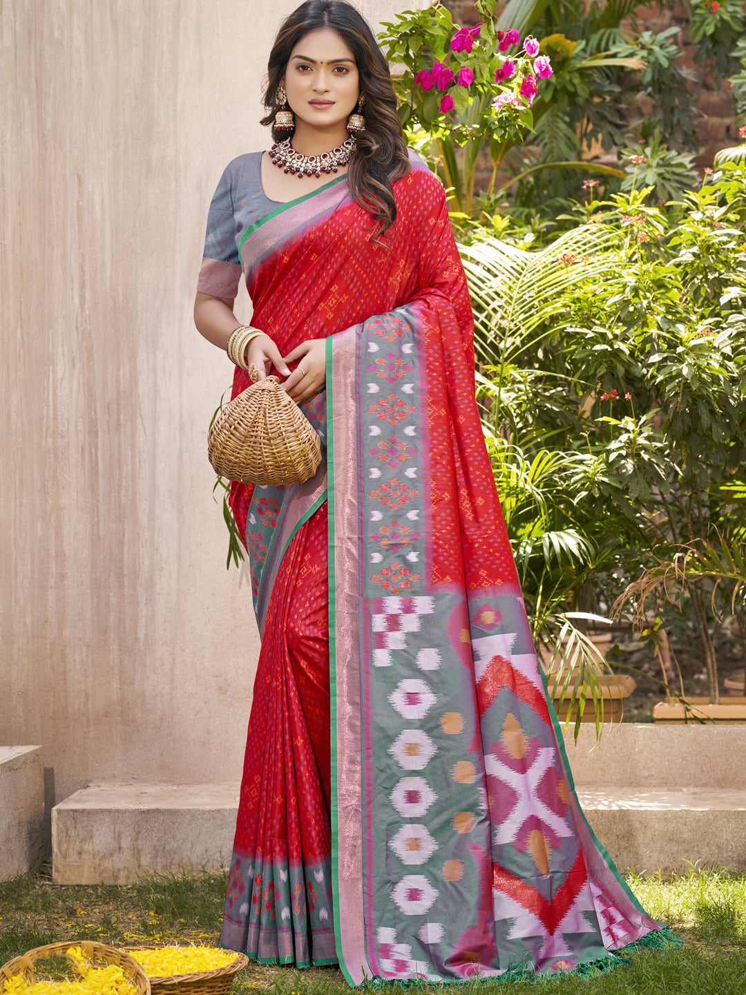 Anaita Red Pochampally Silk Saree With Floral Printed Work With Blouse