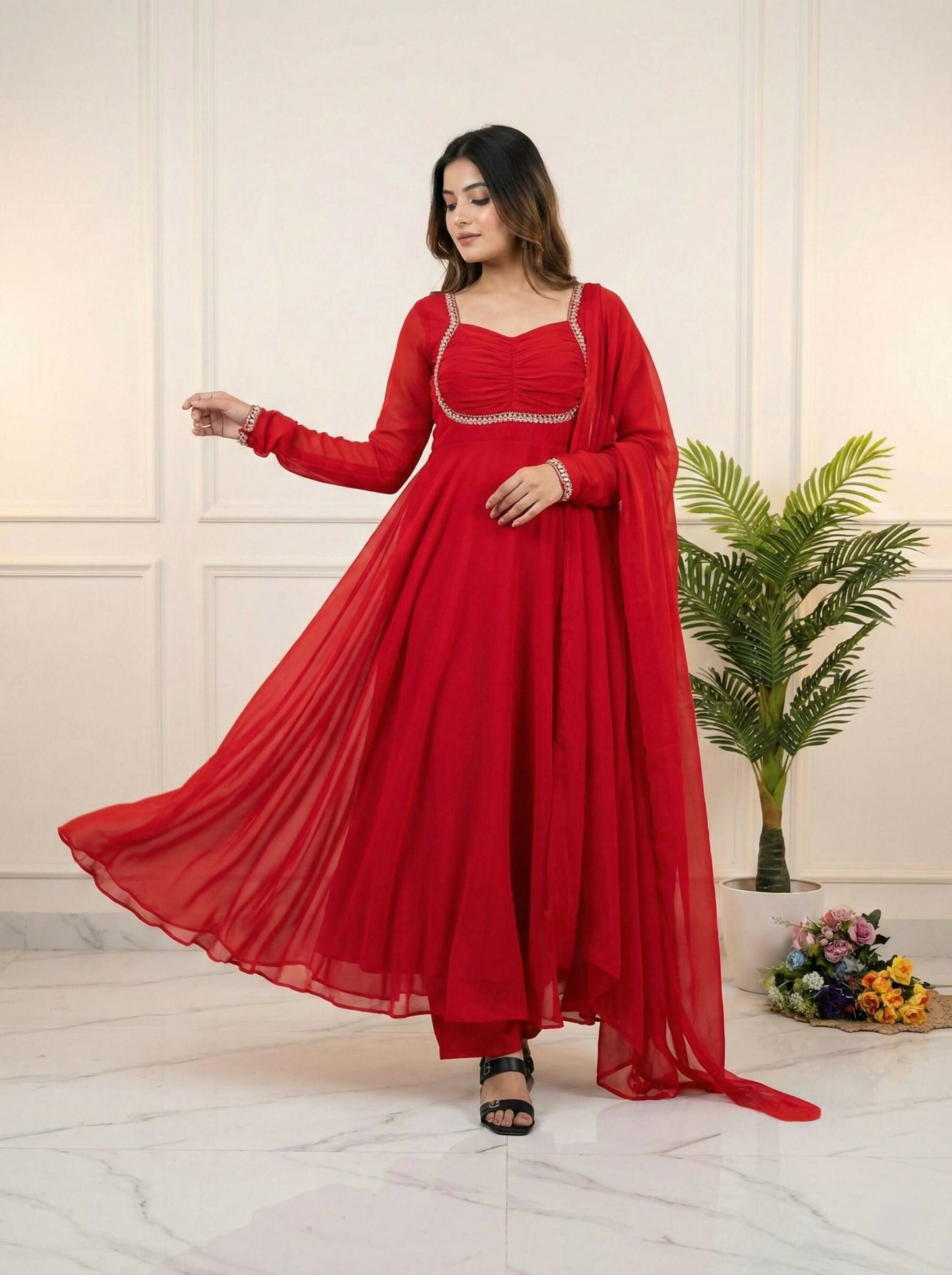 Teeya Creation Womens New Fancy Fox Georgette Heavy Quality Fabric With Handwork Red Gown Set