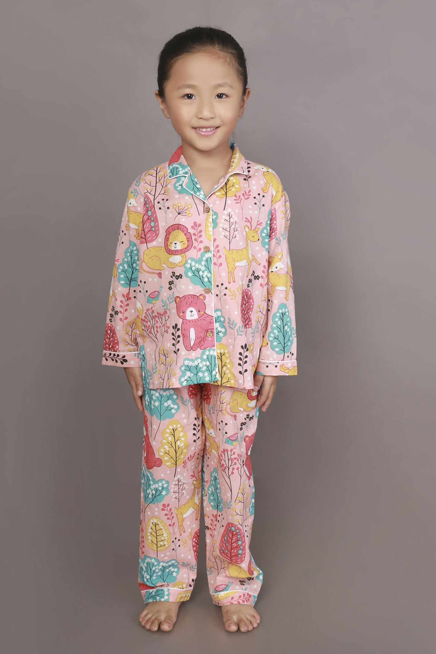 Breathables Kids Cotton Night Suit  Peach Lion & Teddy Shirt & Pyjama Co-Ord Set For Boys & Girls