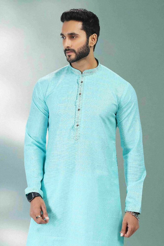 Raivat Ethnic Linen Cotton Pintux Work Kurta Pajama In Sky Blue Colour