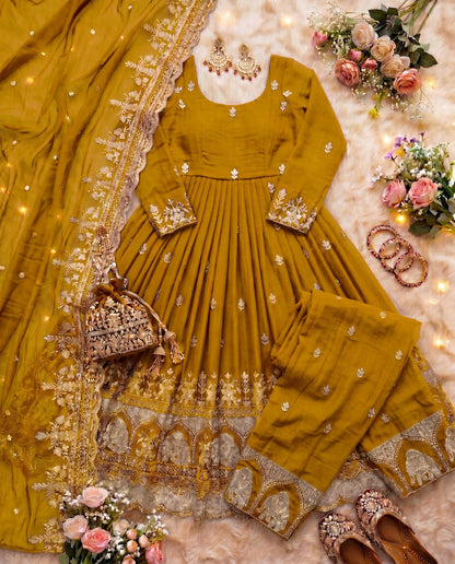 Teeya Creation New Trendy Stylish Wedding Wear Embroidered Anarkali Set - Yellow