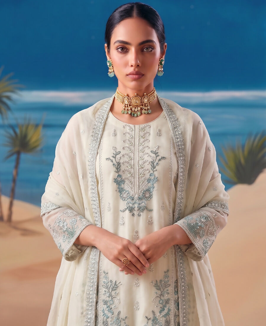 KC Heavy Chiffon Silk White Hand Embroidered Straight Suit For Women Wedding