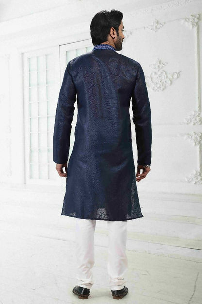 Raivat Ethnic Linen Cotton Thread Work Kurta Pajama In Blue Colour