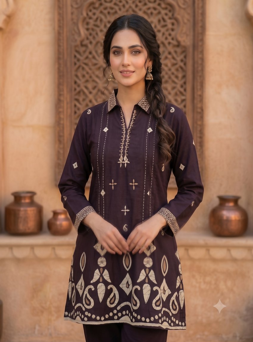 Teeya Creation Women Wine Printed Cotton Kurti With Trousers Co-Ord Set