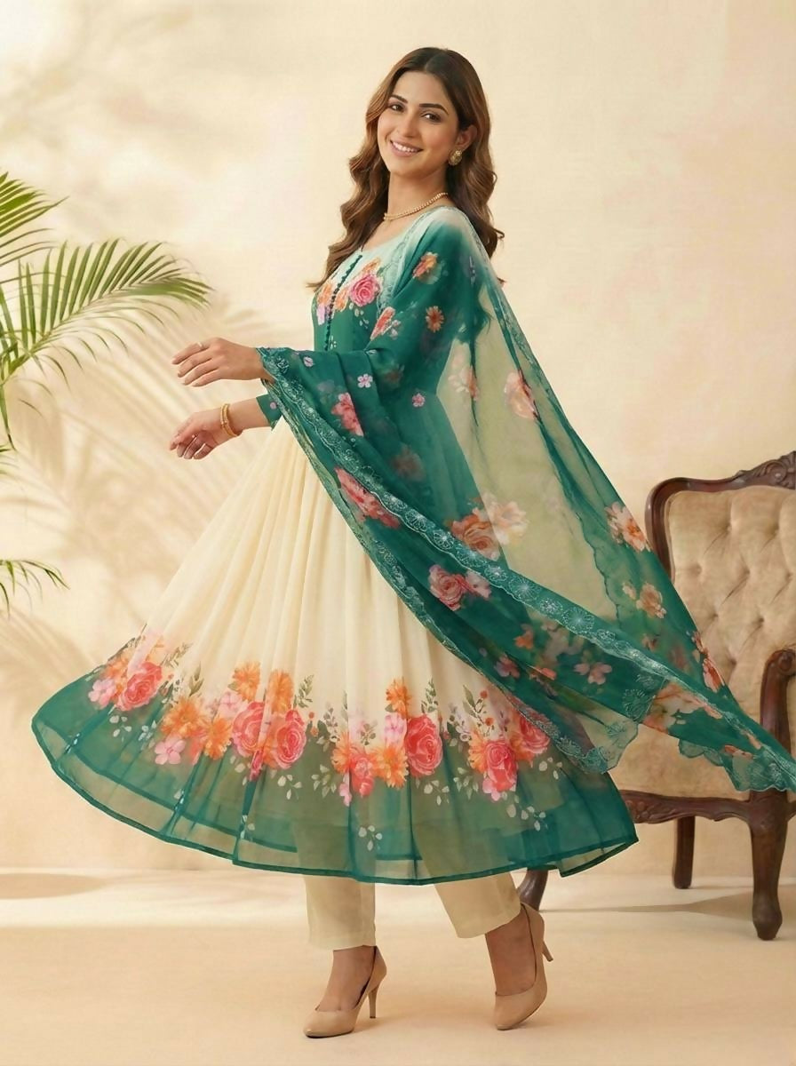 Teeya Creation Womens New Fancy Fox Georgette Heavy Quality Fabric With Handwork Teal Gown Set