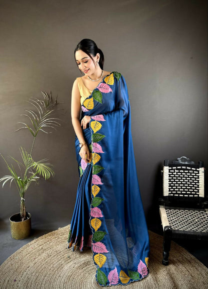 Prime Volt Multicolor Leaf Embroidery Rangoli Silk Saree with Scalloped Border-Blue