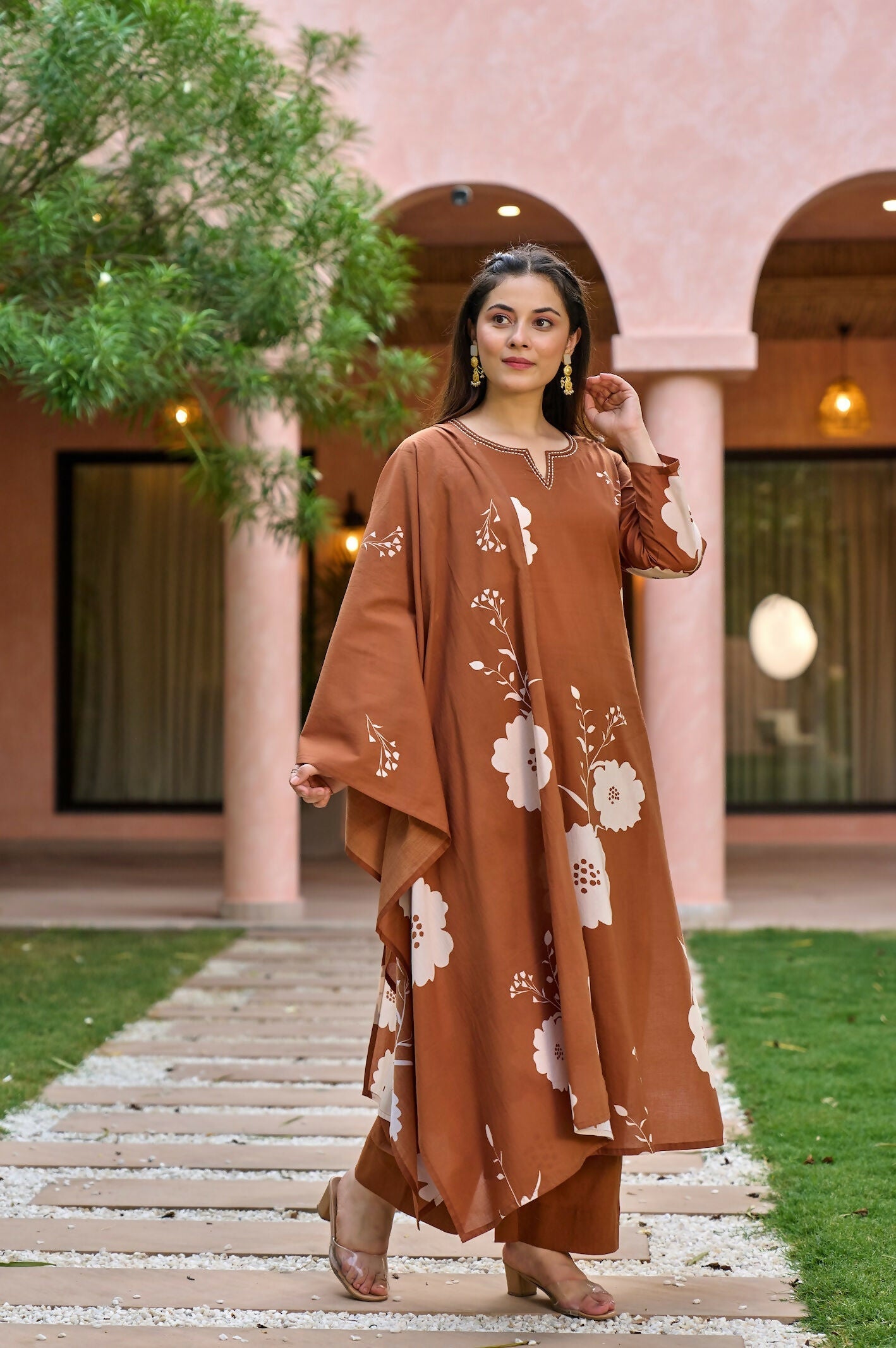 The52 Women's Gorgeous Printed Work Muslin Fabric Straight Kurta Pant and Dupatta Set-Brown