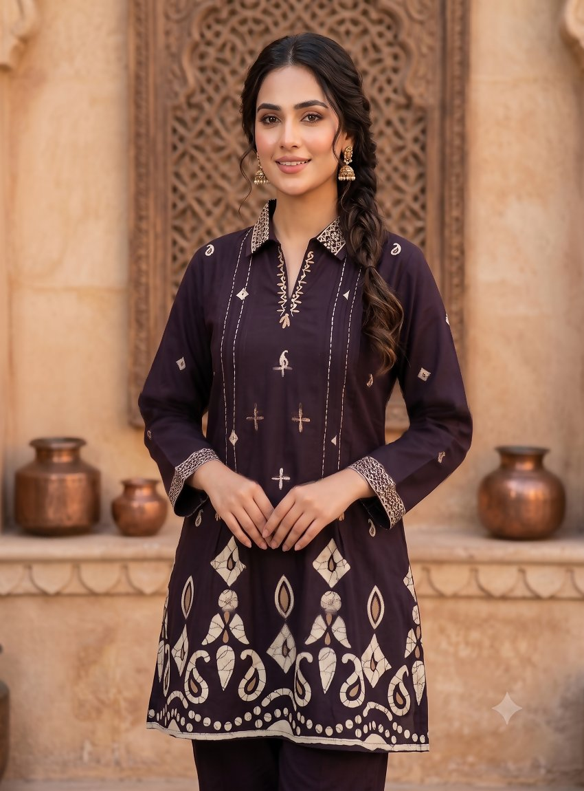 Teeya Creation Women Wine Printed Cotton Kurti With Trousers Co-Ord Set