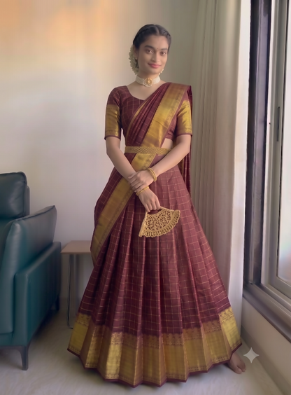 Teeya Creation Classic Maroon Checkered Silk Lehenga Choli with Heavy Zari Border