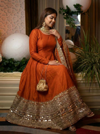 Teeya Creation Womens New Trendy Latest Elegant Burnt Black Floor-Length Anarkali Suit with Heavy Embroidered Border and Matching Dupatta