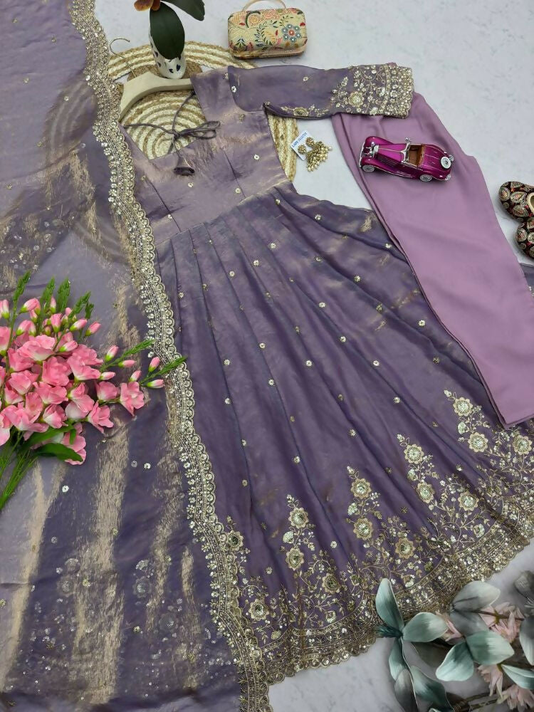 Teeya Creation Womens New Latest Trendy Elegant Lavendar Embroidered Anarkali Suit Set with Scalloped Dupatta