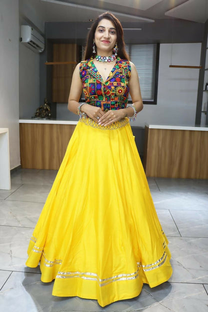 Yash Enterprise Yellow Rayon Cotton Embroidery Semi Stitched Navratri Chaniya Choli