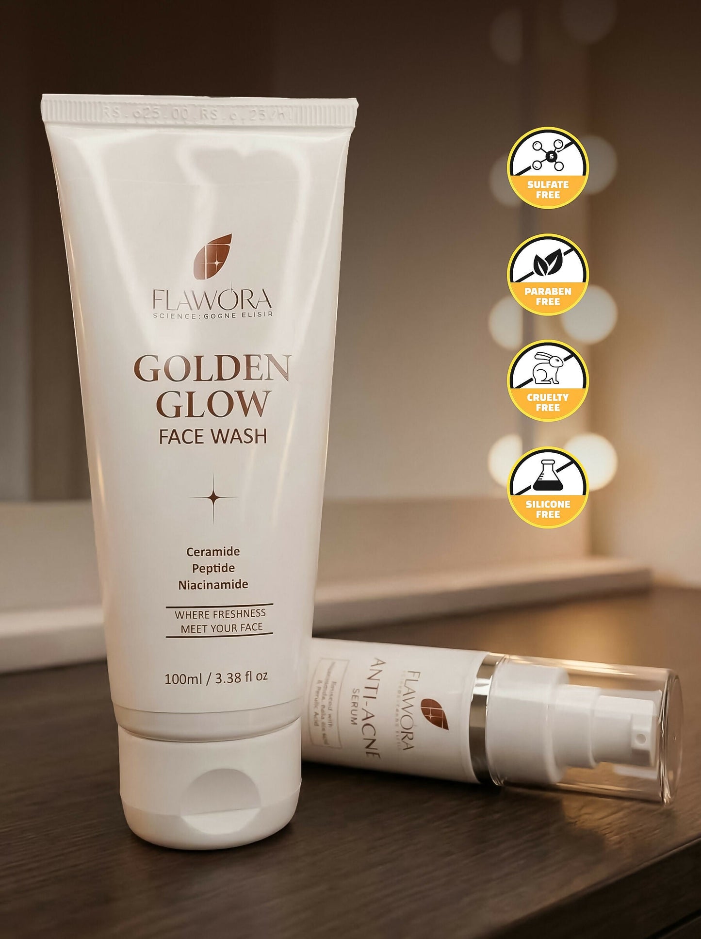 Flawora Set of Golden Glow Face Wash and Anti Acne Serum