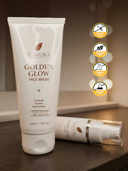 Flawora Set of Golden Glow Face Wash and Anti Acne Serum