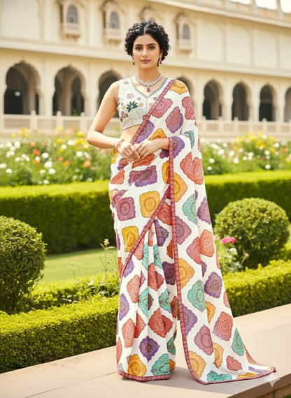 Teeya Creation New Womens Latest Wedding Wear Georgette Saree-White
